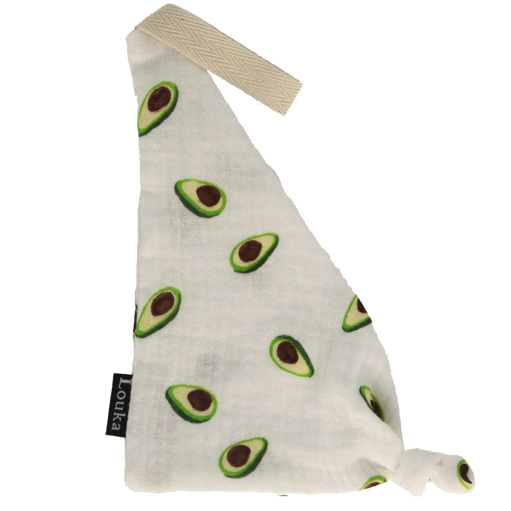 Zacht hydrofiel speendoekje van Louka in driehoekvorm met vrolijke avocado print – ideaal om je speentje niet kwijt te raken!