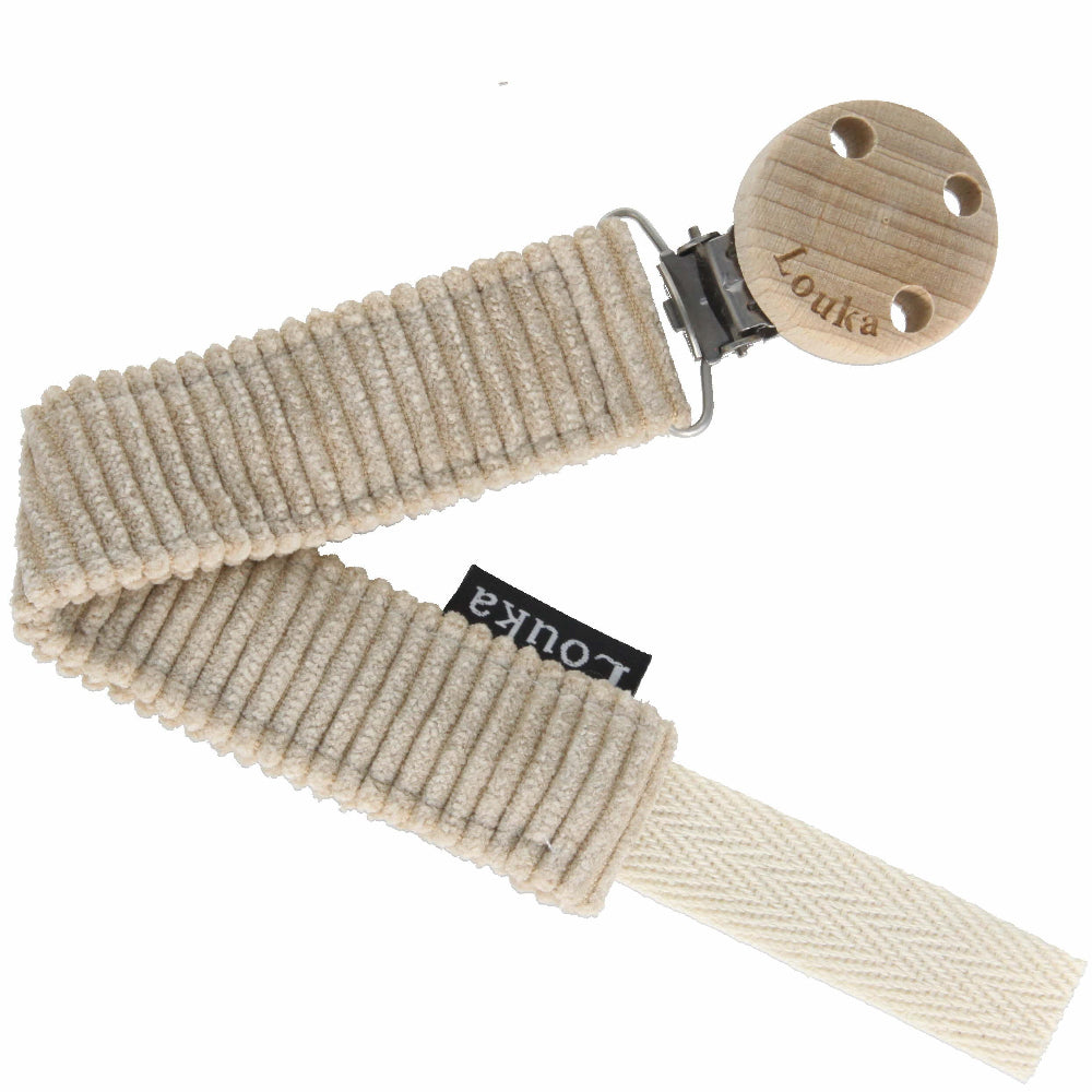 Handgemaakt beige ribstof speenkoord voor baby, eventueel te personaliseren met naam – Louka